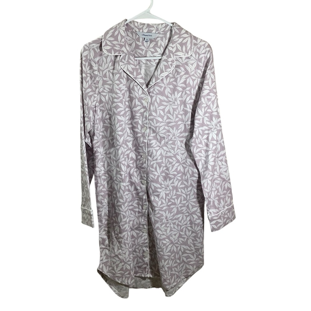 The Company Store White and Lavender Leaf Pattern PJ Shirt Dress